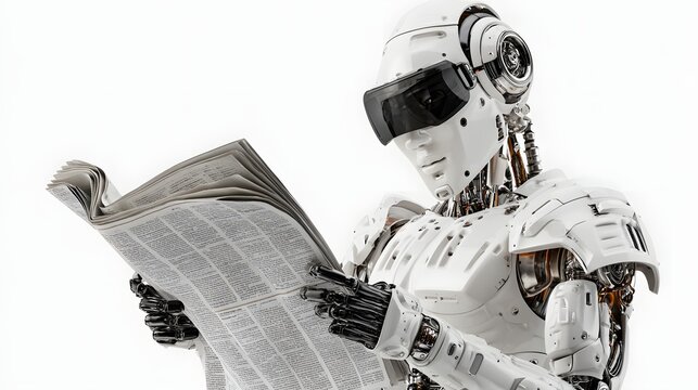 Calm robot reads paper, tech future concept for editorial use