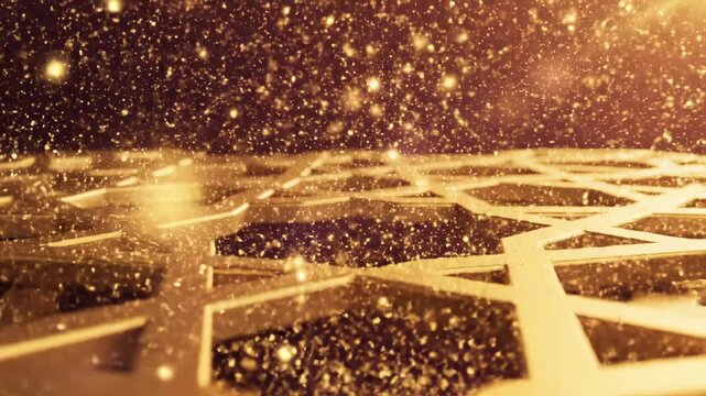 Golden Islamic geometric pattern with glittering particles and soft bokeh, elegant background for celebrations or religious events