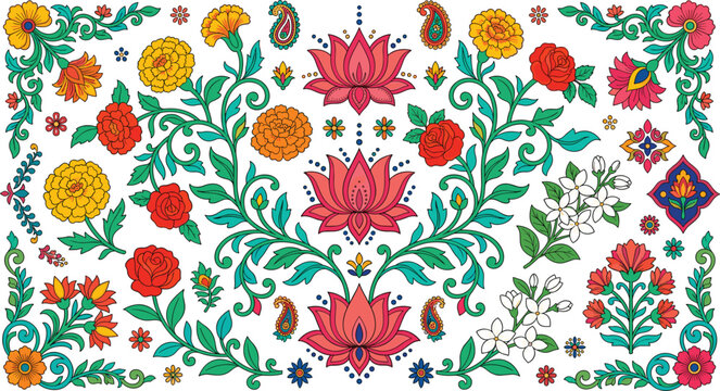 Traditional Mughal style ethnic floral vector background with elegant blooming lotus pink roses yellow marigold flowers and vintage paisley elements