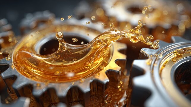 Detailed 3D illustration showing viscous lubricant oil droplets and streams flowing over shiny engine gears, highlighting texture and fluid dynamics