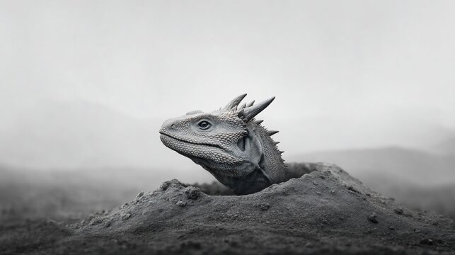 Grey-scale reptile emerging from ground. Detailed scales and spikes visible. Mountains in background