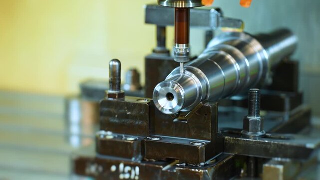 metal component hole drilling in a production line. machined metal parts and components on manufacturing line in a factory after shaped in a cnc machine.