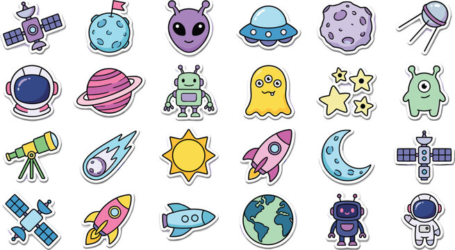 Cute cartoon space stickers vector collection set with kawaii astronaut alien rocket planet moon stars robot satellite and telescope isolated on white background for kids