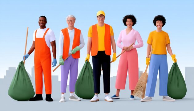 Cleaning crew posing with garbage bags and brooms