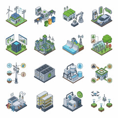 Fototapeta premium Isometric icons set of smart city, green energy, recycling, and sustainable technology concepts.