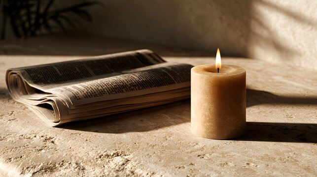 Still life with candle and open book, bathed in warm natural light