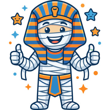 A cheerful cartoon pharaoh character wearing a colorful headdress gives thumbs up surrounded by stars.