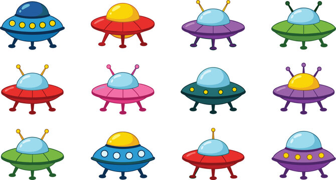 Cute cartoon UFO spaceship vector collection set with various colorful flying saucers and alien spacecraft isolated on white background for kids galaxy space design