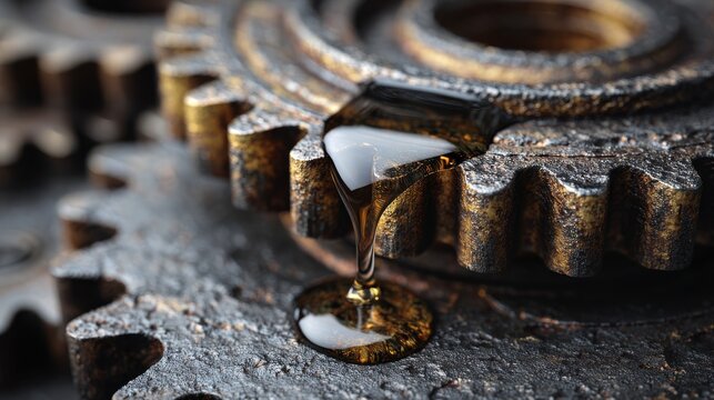 Close-up of industrial gearbox with oil dripping between rotating cogs, mechanical realism and metallic texture emphasized