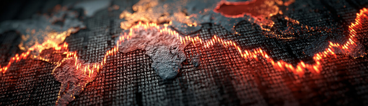 A close-up of a stock ticker display showing fluctuating market indices, overlaid with world maps highlighting key economic regions. This visual highlights the global nature of market influences and