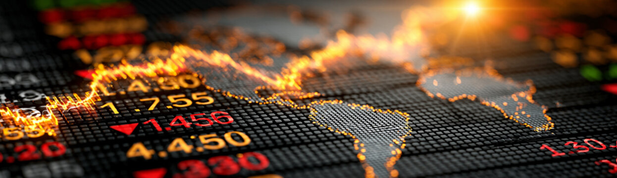 A close-up of a stock ticker display showing fluctuating market indices, overlaid with world maps highlighting key economic regions. This visual highlights the global nature of market influences and