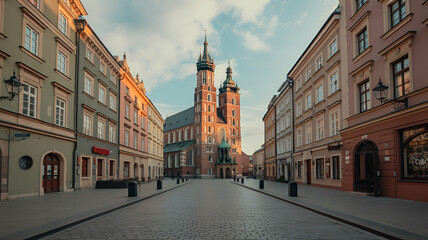 Obraz premium View of the historic st marys basilica in krakow poland at sunset with empty cobblestone streets and colorful old town buildings on sides
