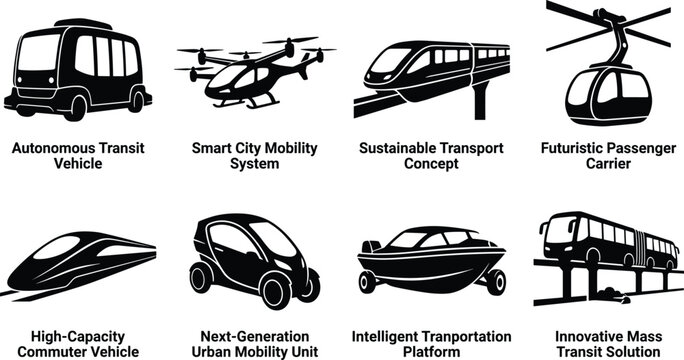 Future Mobility Transportation Silhouette Collection Featuring Autonomous Vehicles Smart Transit and Urban Transport