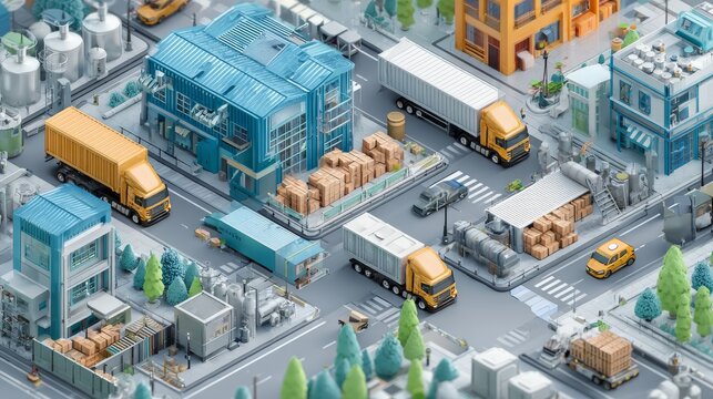 3D isometric scene of logistics process with factory loading trucks, moving goods through city roads to store locations