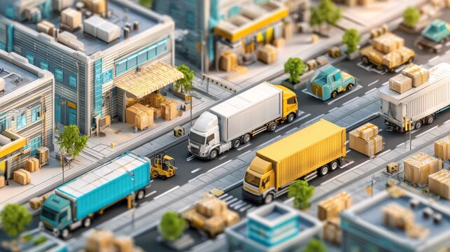 3D isometric scene of logistics process with factory loading trucks, moving goods through city roads to store locations