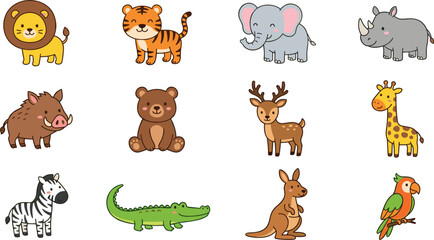 Cute cartoon baby wild animals collection bundle featuring lion tiger elephant rhino giraffe zebra crocodile kangaroo bear parrot isolated vector illustration for children stickers © SM