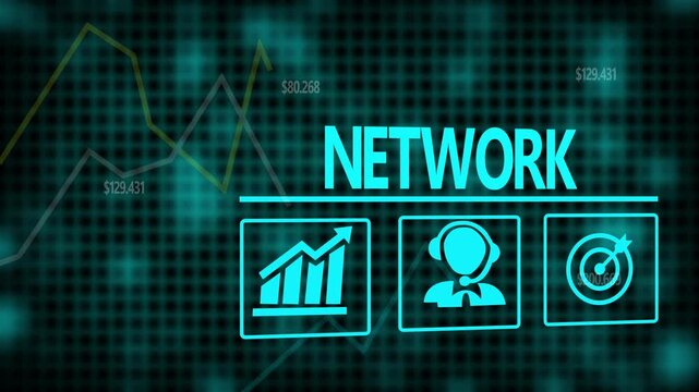 A Network business concept on a flashing computer monitor with moving graphs and data.