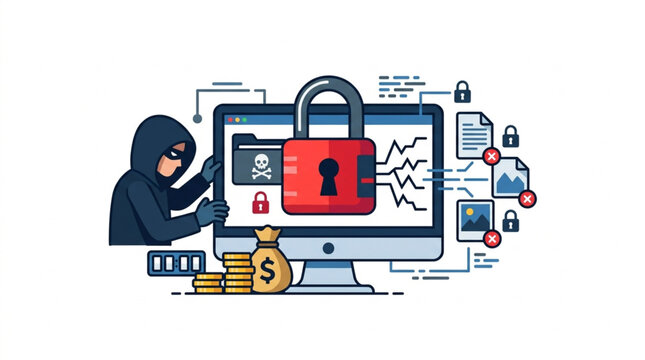 A hooded hacker in a mask attempts to steal data from a computer secured by a large red padlock, with money bags and coins nearby, against a white background