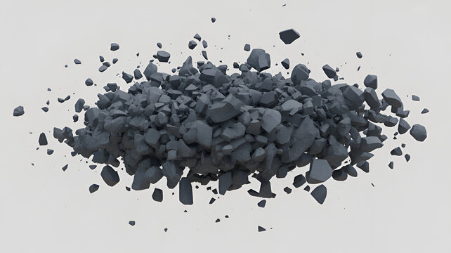 A cluster of dark grey jagged rock fragments and stone debris floating in the air against a plain light grey background, isolated