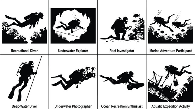 Scuba Diving and Underwater Exploration Silhouette Collection Featuring Marine Research and Ocean Adventure