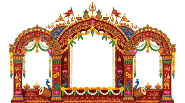 Decorative Indian archway with traditional motifs, flags, lamps, and peacocks for festivals and celebrations