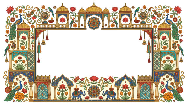 Ornate Indian border design with peacocks, elephants, lotus flowers, and architectural elements
