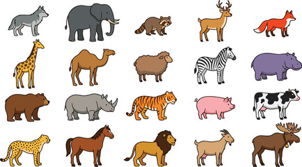 Wild and farm animals vector big collection set featuring elephant lion tiger giraffe zebra bear rhino camel hippo horse isolated on white background © SM