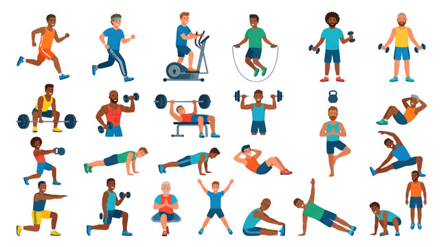 Cartoon Flat Fitness Character Collection with Men Performing Gym and Exercise Activities