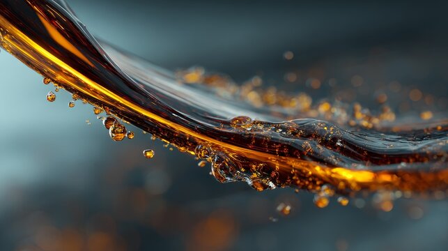 Smooth ribbon of engine oil in mid-pour with fine droplets around edges, liquid physics simulated in ultra-realistic 3D