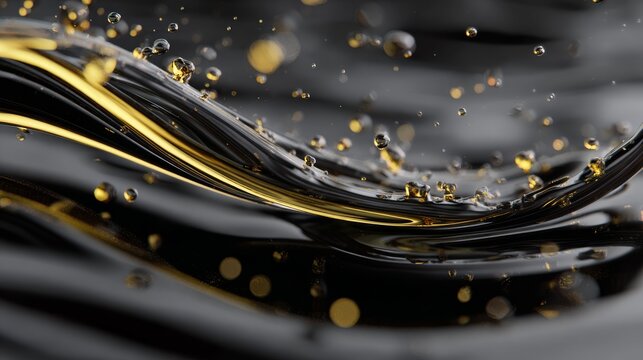 Smooth ribbon of engine oil in mid-pour with fine droplets around edges, liquid physics simulated in ultra-realistic 3D