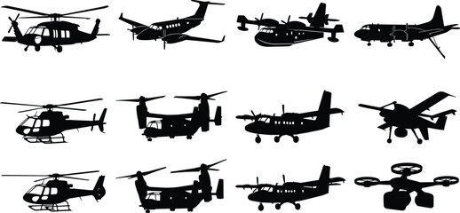 Obraz premium Aircraft and Rotorcraft Silhouette Collection Featuring Helicopters Transport Planes Drones and Aviation Vehicles