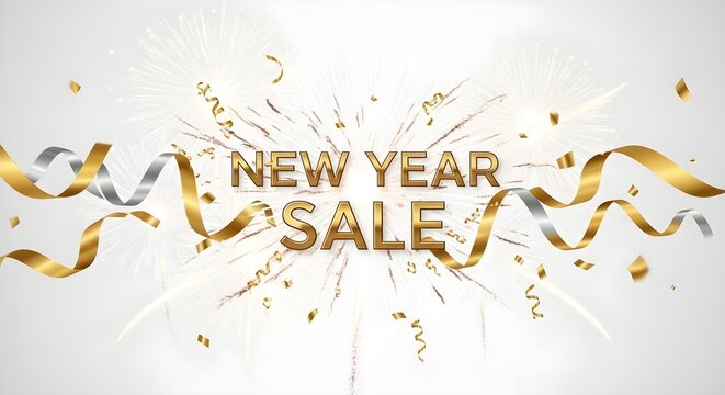 New year sale banner with golden and silver ribbons, confetti and fireworks on white background