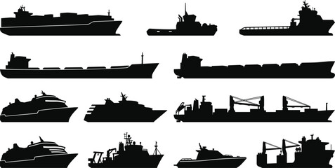 Obraz premium Commercial Vessel Silhouette Collection Featuring Cargo Ships Passenger Ferries and Maritime Transport Fleet