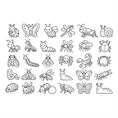 Fototapeta premium Collection of Hand Drawn Outline Insect and Bug Icons for Coloring Pages and Educational Projects