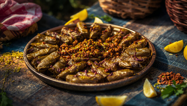 Middle eastern stuffed grape leaves dolma on rustic plate with mediterranean traditional appetizer vegetarian delicious homemade culinary prepared oriental nutrition gastronomy restaurant