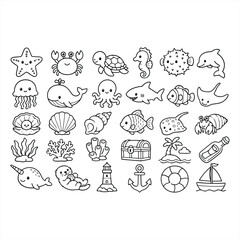 Fototapeta premium Collection of Hand Drawn Sea Life and Ocean Theme Doodles for Coloring Pages and Nautical Design Elements