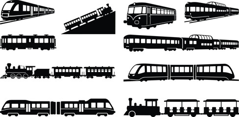 Railway Train Silhouette Collection Featuring Modern Transit Vintage Locomotives and Passenger Rail Vehicles © MDSHAHIDUL