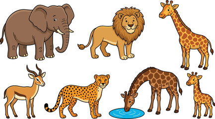 Cute cartoon african safari animals collection set with elephant lion cheetah giraffe gazelle drinking water isolated vector illustration for children education books design © SM