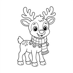 Obraz premium A smiling reindeer wearing a scarf and bells stands on a plain background.