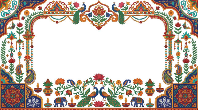 Traditional Indian decorative border with peacocks, elephants, lotus flowers, and diyas for festivals