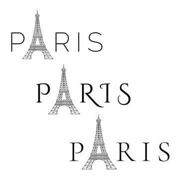 Paris typography set with Eiffel Tower integrated into letter A. Hand drawn line art illustration element. Black and white travel design for logo, badge and tourism branding projects.