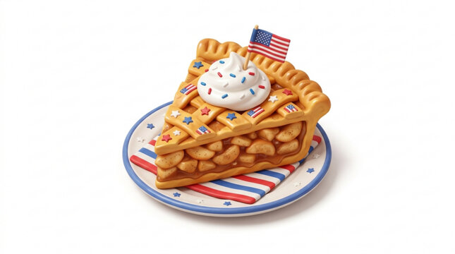Delicious slice of American apple pie with whipped cream and flag on top