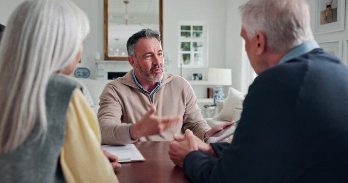 Meeting, old couple or agent on tablet in house for medicare options, long term care or help. Talk, senior clients or mature insurance broker with tech for plan cost review, explain policy or advice