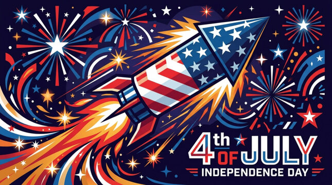 American flag rocket with fireworks on 4th of July