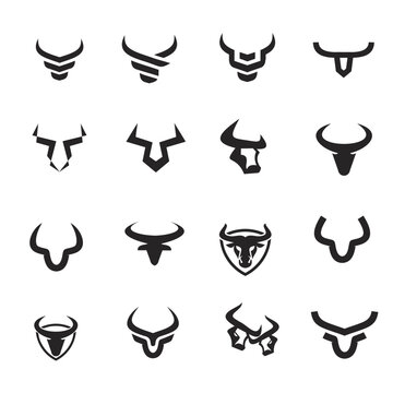 Abstract Bull Horn and Head Logo Set. Collection of Strong Animal Head Symbols for Branding, Financial Markets, Sports Teams, or Modern Design Projects, Vector Icons.