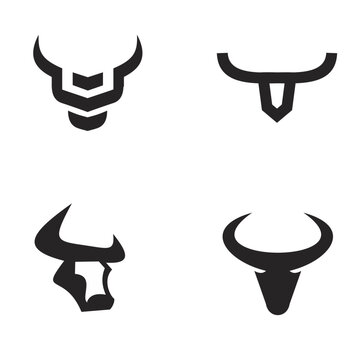 Four Minimalist Bull Head Logo Designs Icon Set Black and White Vector Illustration