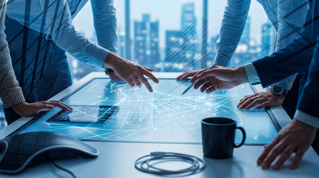 Business professionals interact with a futuristic interactive digital table, visualizing data and networking concepts.