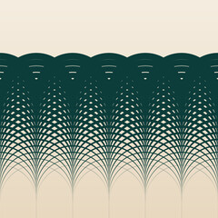 Obraz premium Repeating op-art vector pattern of arched moiré curves converging at multiple points, transitioning from solid scalloped dark green arches into a fine arching mesh on a cream background.
