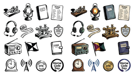 Collection of vintage communication and Morse code related icons and illustrations. © Renald
