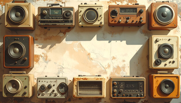 Vintage radio speakers and receivers arranged on a textured wall showcasing retro audio technology and classic electronic design